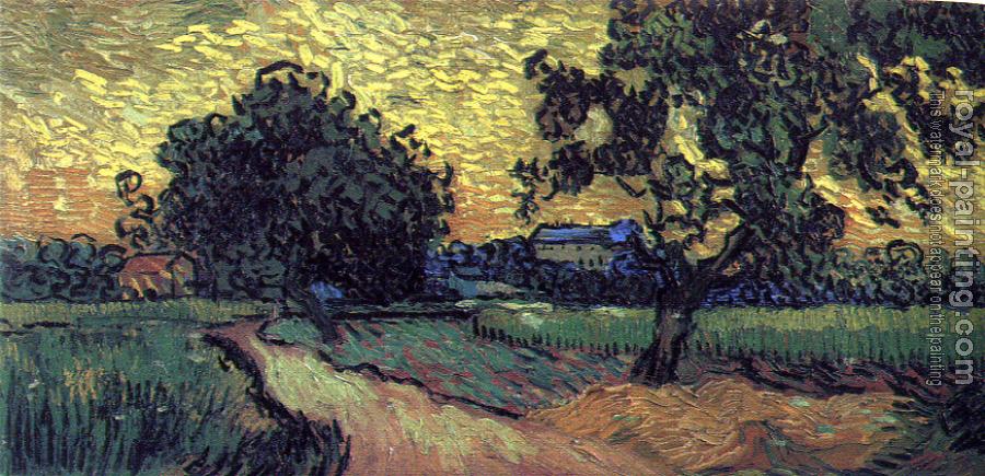 Vincent Van Gogh : Field with Trees and the Chateau of Auvers at Sunset